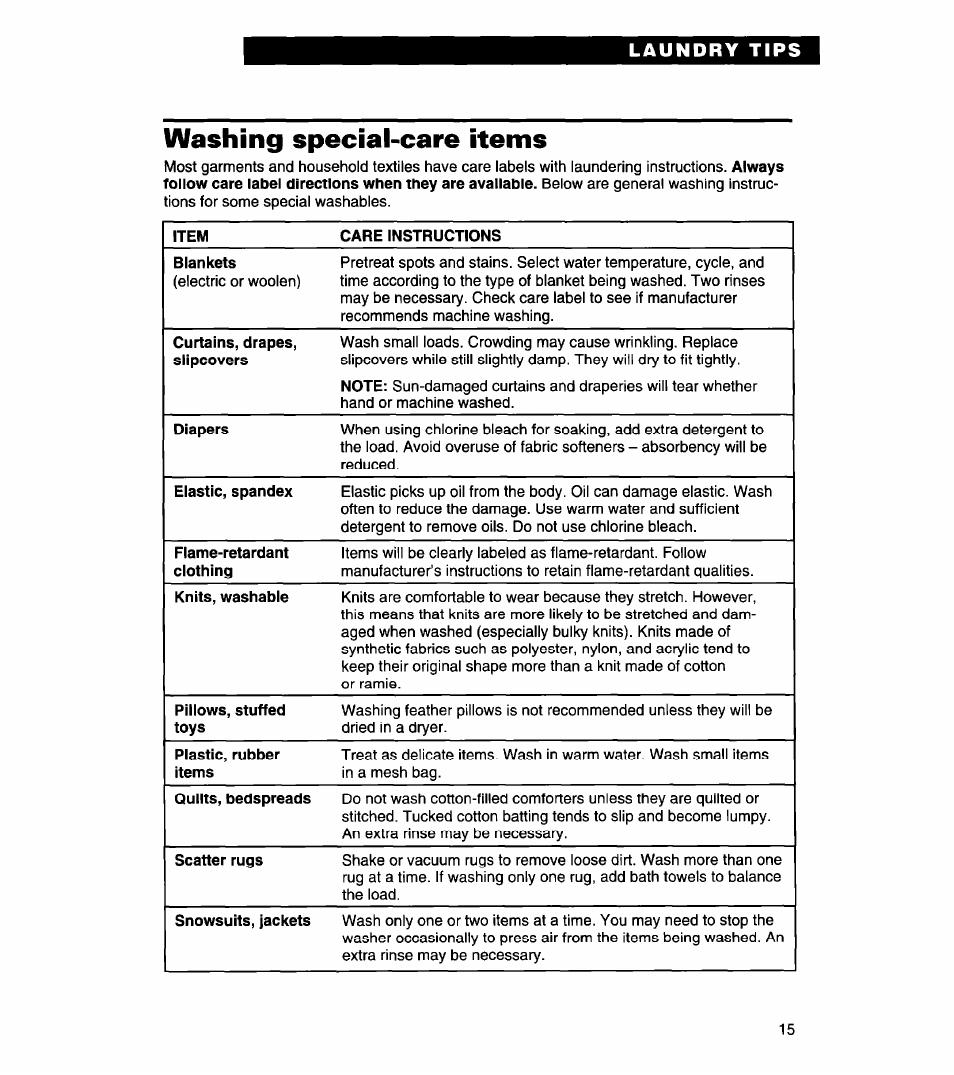 Washing special-care items | Whirlpool 3366869 User Manual | Page 15 / 56