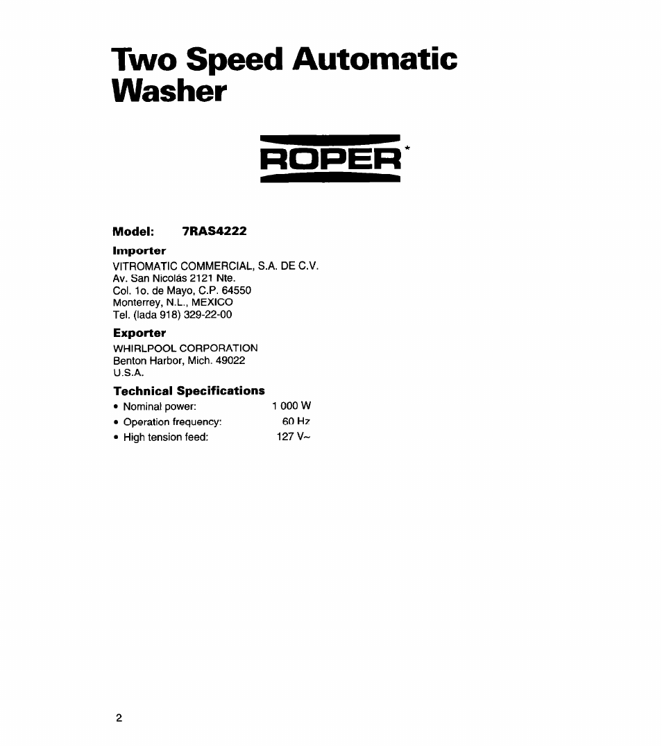 Two speed automatic washer | Whirlpool 3366869 User Manual | Page 2 / 56