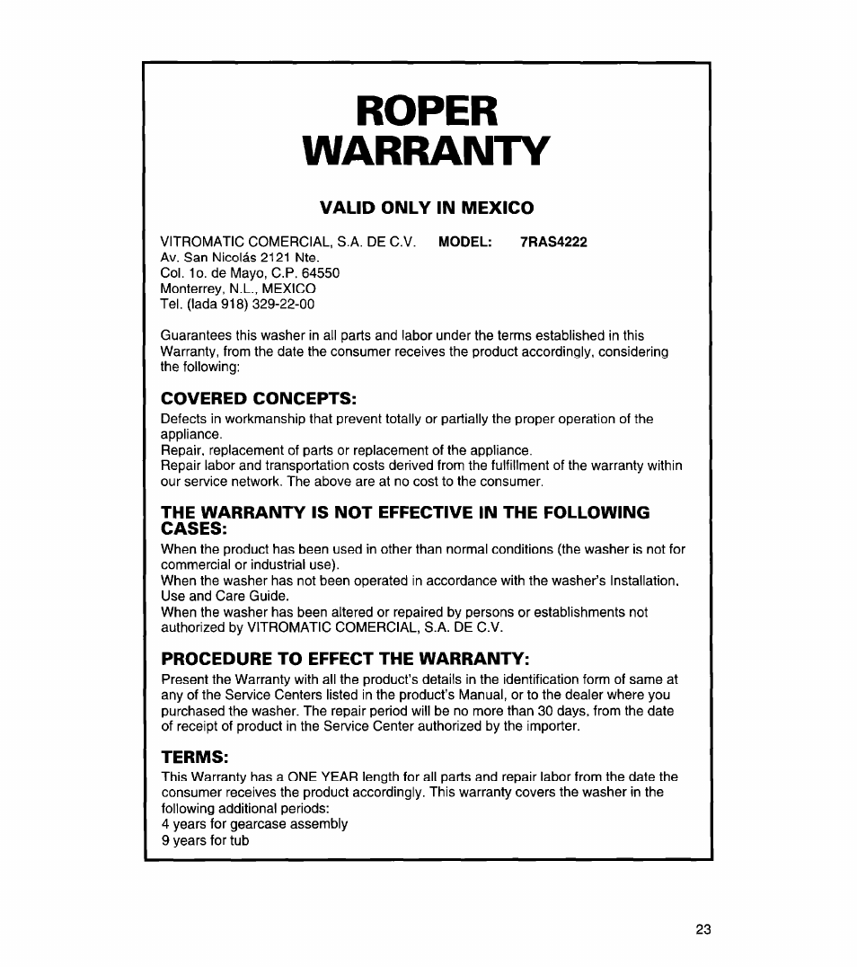 Roper, Warranty, Valid only in mexico | Covered concepts, Procedure to effect the warranty, Terms, Roper warranty | Whirlpool 3366869 User Manual | Page 23 / 56