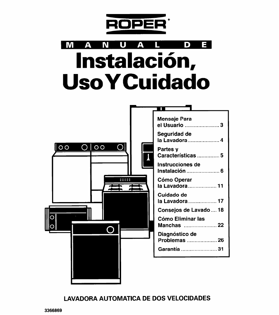 Manual, Instalación, uso y cuidado, Roper | Whirlpool 3366869 User Manual | Page 25 / 56