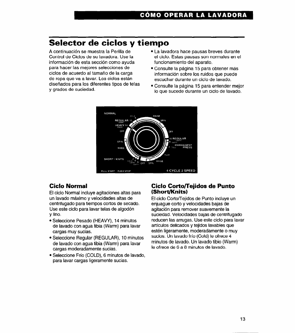 Selector de ciclos y tiempo, Ciclo normal, Ciclo corto/tejidos de punto (shoit/knits) | Whirlpool 3366869 User Manual | Page 37 / 56