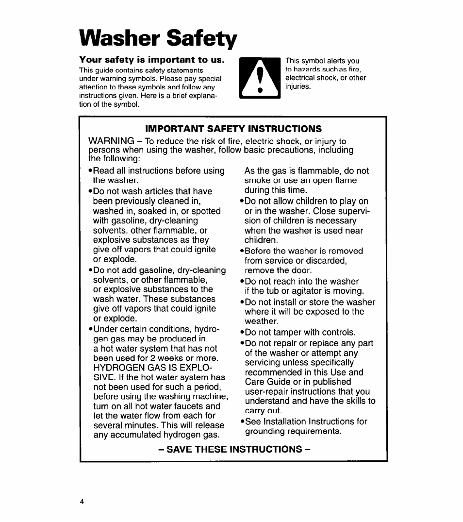 Washer safety, Your safety is important to us, Important safety instructions | Whirlpool 3366869 User Manual | Page 4 / 56