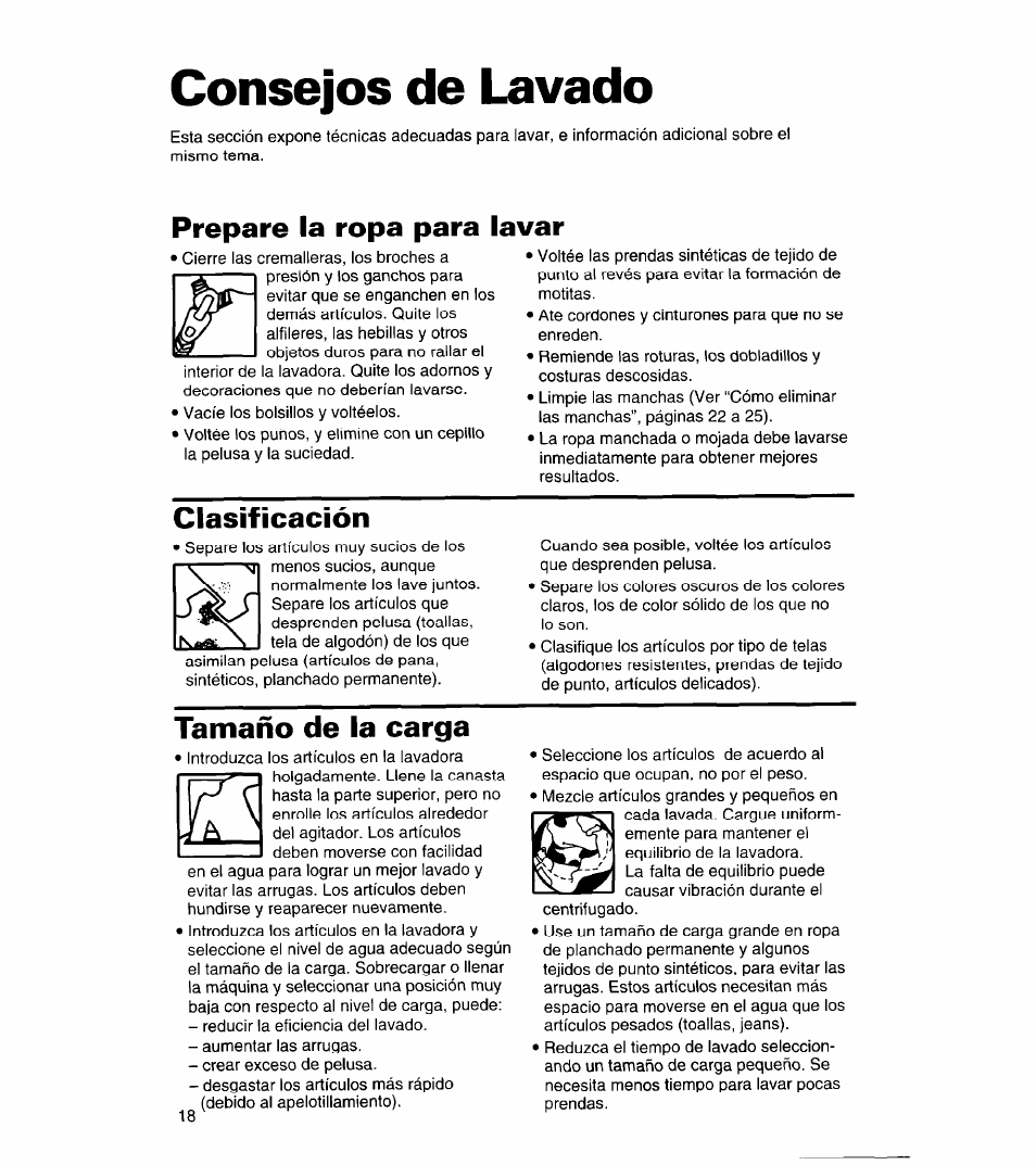 Consejos de lavado, Prepare la ropa para lavar, Clasificación | Tamaño de la carga | Whirlpool 3366869 User Manual | Page 42 / 56