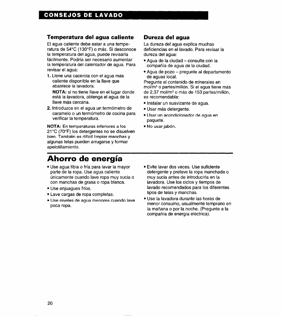 Temperatura del agua caliente, Dureza del agua, Ahorro de energía | Whirlpool 3366869 User Manual | Page 44 / 56