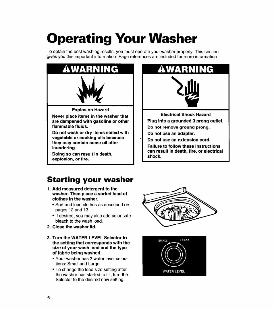 Operating your washer, Starting your washer, Ajjl | Awarning | Whirlpool 3366869 User Manual | Page 6 / 56