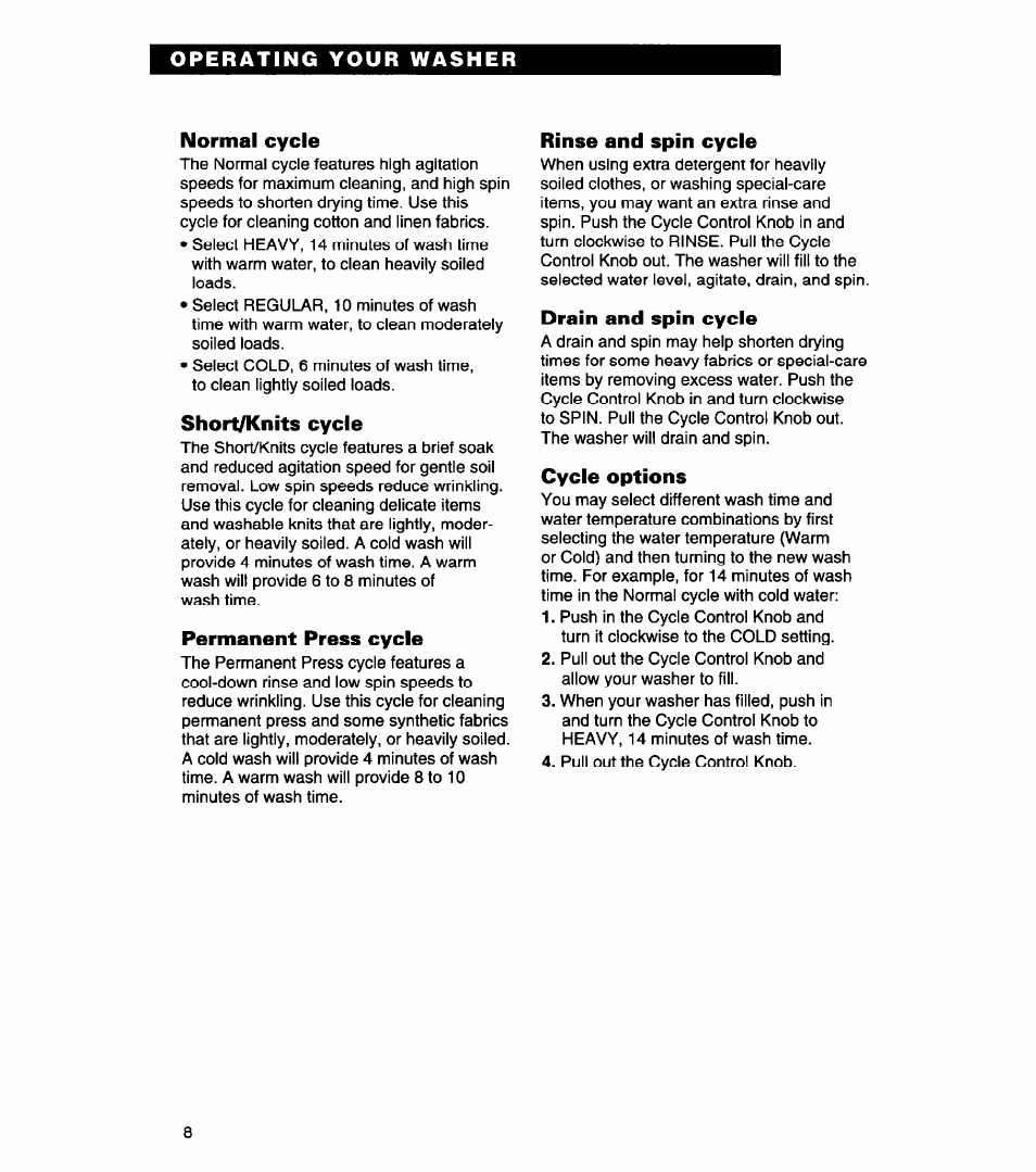 Normal cycle, Short/knits cycle, Permanent press cycle | Rinse and spin cycle, Drain and spin cycle, Cycle options | Whirlpool 3366869 User Manual | Page 8 / 56