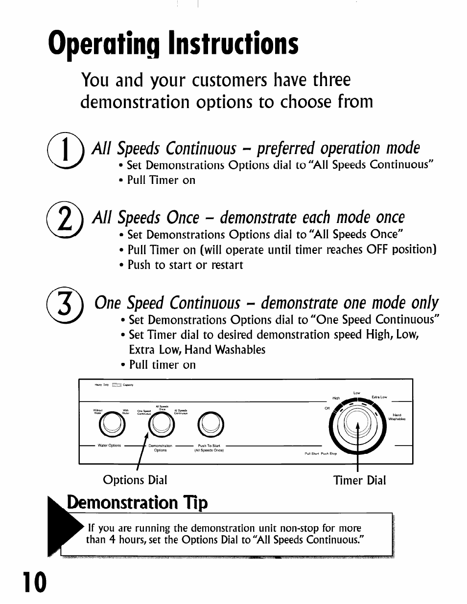 Operating instructions, All speeds continuous - preferred operation mode, All speeds once - demonstrate each mode once | One speed continuous - demonstrate one mode only, Demonstration tip | Whirlpool LSR4311DQO User Manual | Page 12 / 16