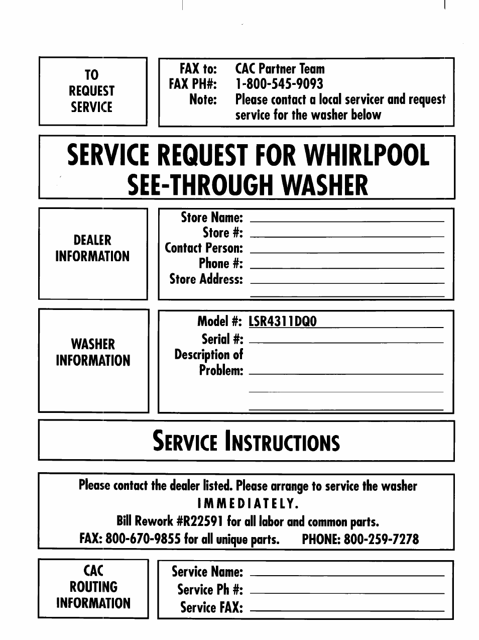 Service request for whirlpool see-through washer, Ervice, Nstructions | Whirlpool LSR4311DQO User Manual | Page 16 / 16