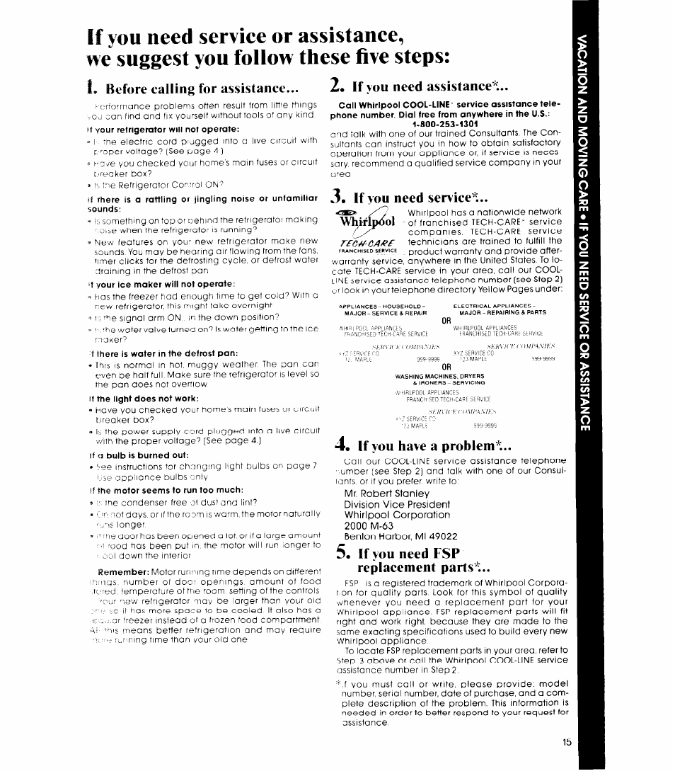 L before ealling for assistance, If you need assistance, If vou need service | If you have a problem, If you ueed fsp replaeemeut parts | Whirlpool ET20NK User Manual | Page 15 / 16