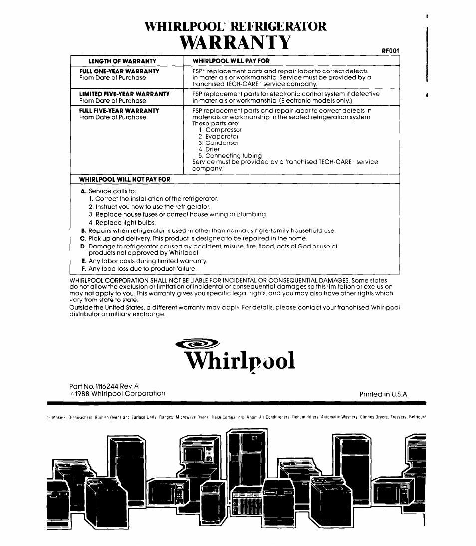 Vhirlpool, Warranty, Whirlpool refrigerator | Whirlpool ET20NK User Manual | Page 16 / 16