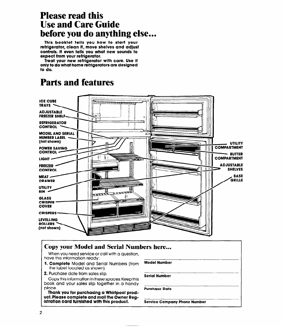 Please read this, Use and care guide, Before you do anything else | Parts and features, Copy your model and serial numbers here | Whirlpool ET20NK User Manual | Page 2 / 16