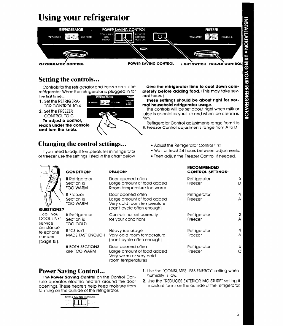 Using your refrigerator, Setting the controls, Changing the control settings | Power saving control | Whirlpool ET20NK User Manual | Page 5 / 16