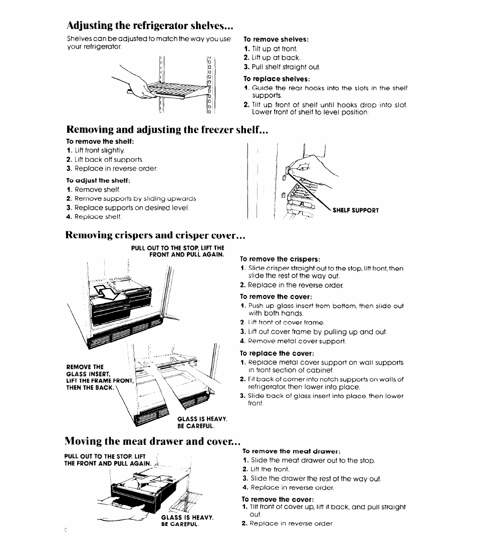 Adjusting the refrigerator shelves, Removing and adjusting the freezer shelf, Removing crispers and crisper cover | Adjusting refrigerator shelves, Removing the crispers and cover, Moving the meat drawer and cover | Whirlpool ET20NK User Manual | Page 6 / 16
