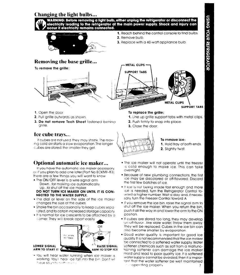 Changing the light bulbs, Removing the base grille, Ice cube trays | Optional automatic ice maker | Whirlpool ET20NK User Manual | Page 7 / 16