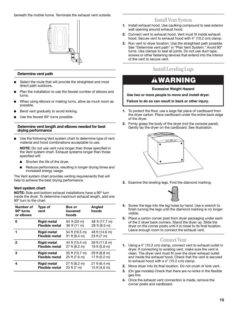 Warning, Install vent system, Install leveling legs | Connect vent | Whirlpool Duet W10136968C User Manual | Page 15 / 28