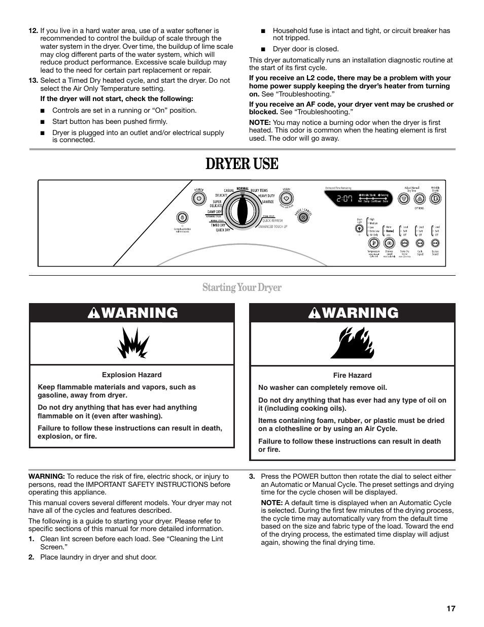 Dryer use, Warning, Starting your dryer | Whirlpool Duet W10136968C User Manual | Page 17 / 28