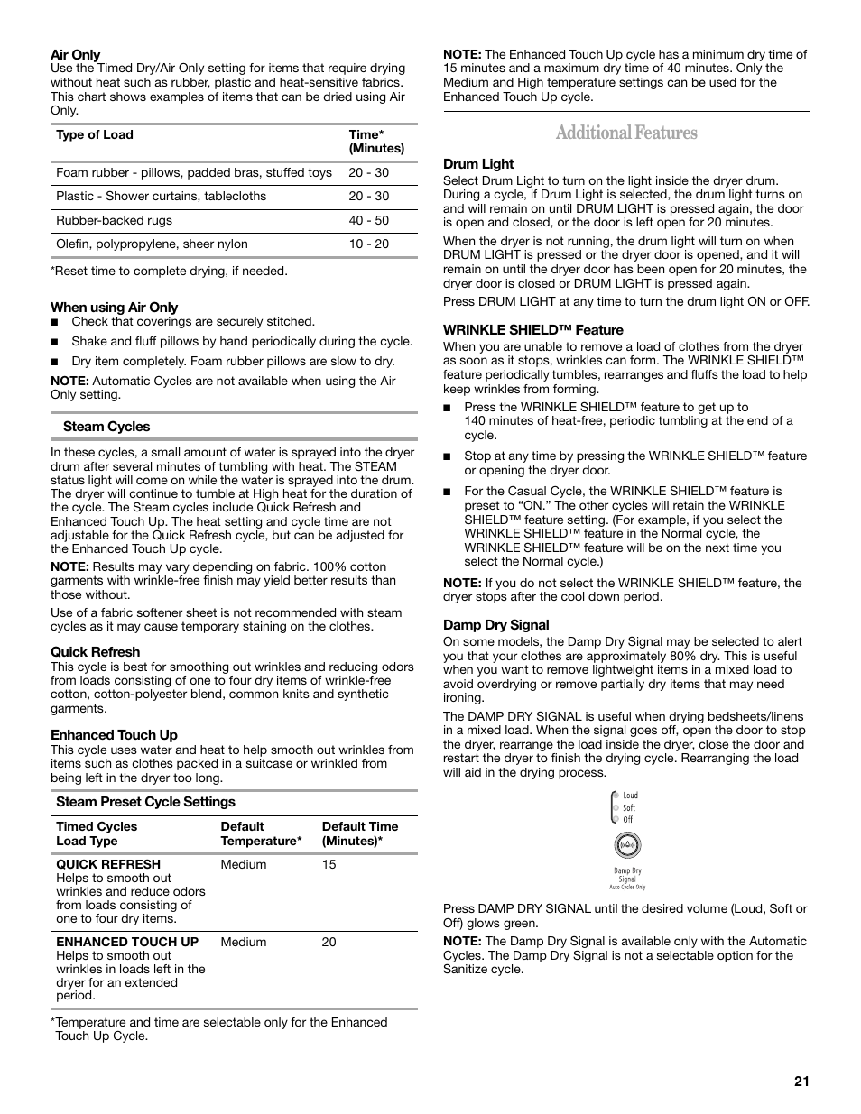 Additional features | Whirlpool Duet W10136968C User Manual | Page 21 / 28