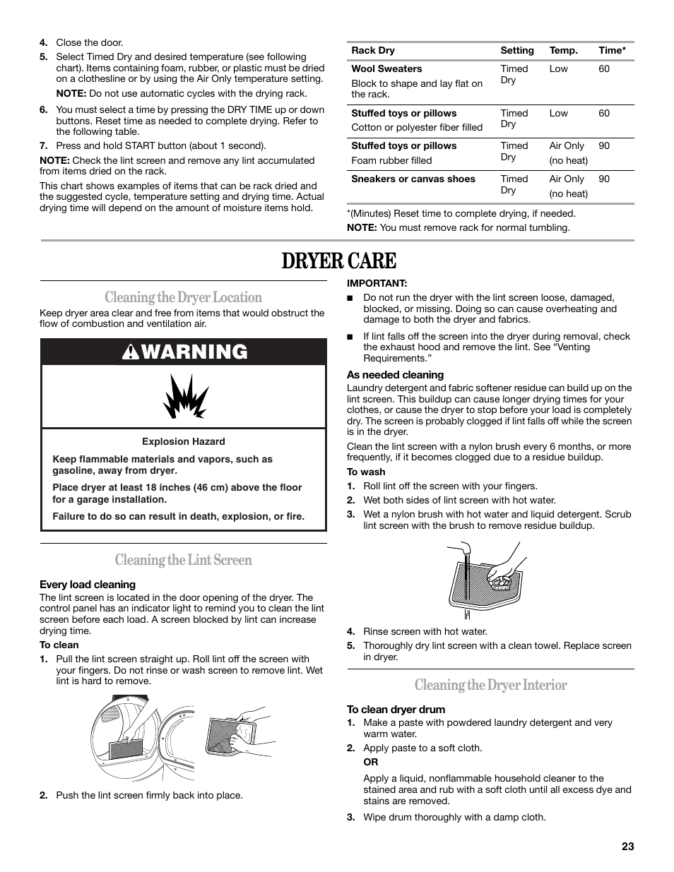 Dryer care, Warning, Cleaning the dryer location | Cleaning the lint screen, Cleaning the dryer interior | Whirlpool Duet W10136968C User Manual | Page 23 / 28