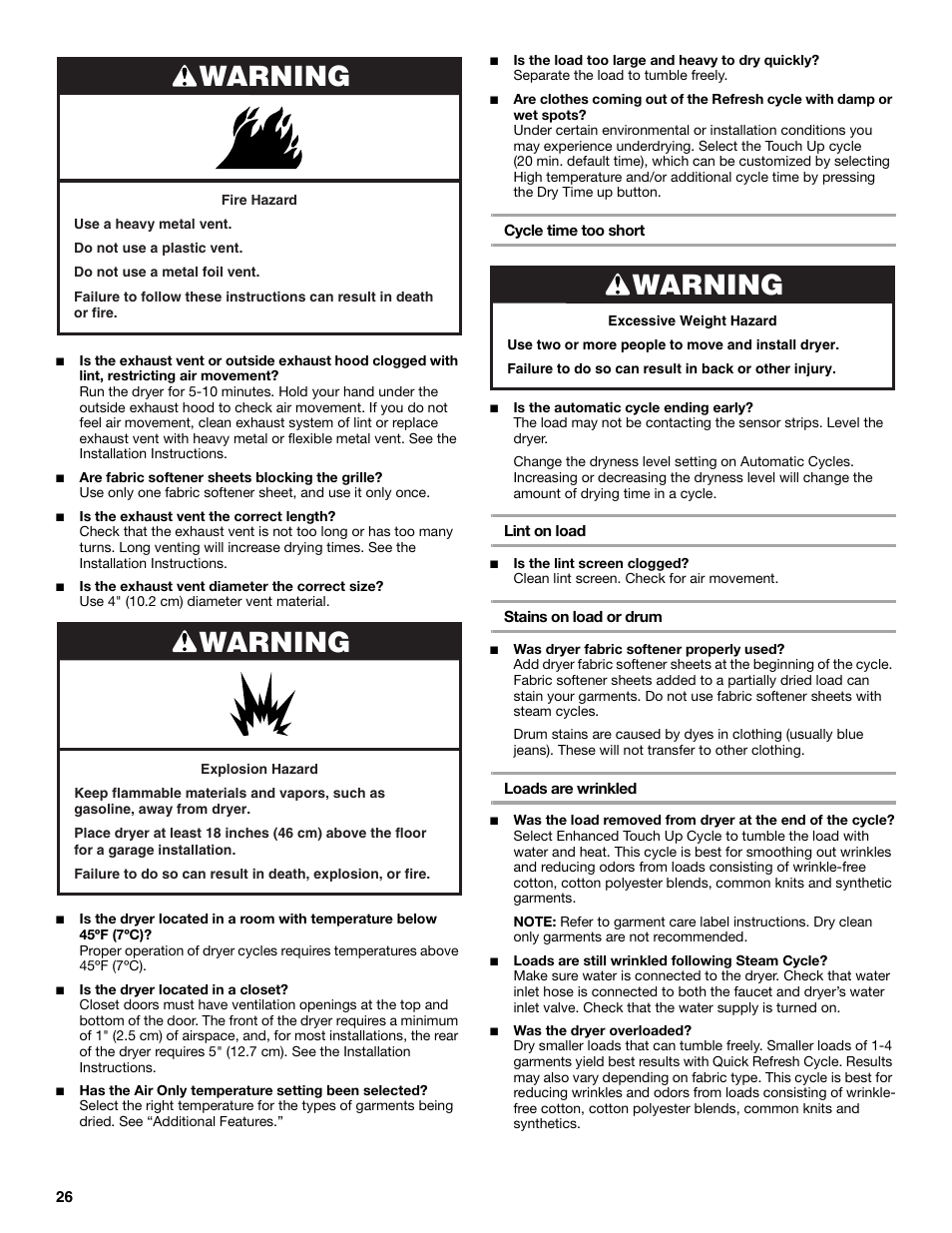 Warning | Whirlpool Duet W10136968C User Manual | Page 26 / 28