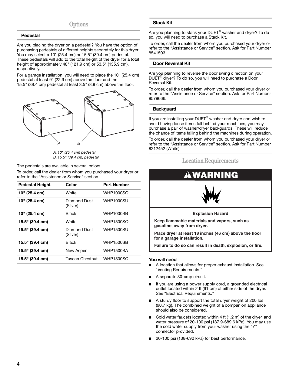 Warning, Options, Location requirements | Whirlpool Duet W10136968C User Manual | Page 4 / 28