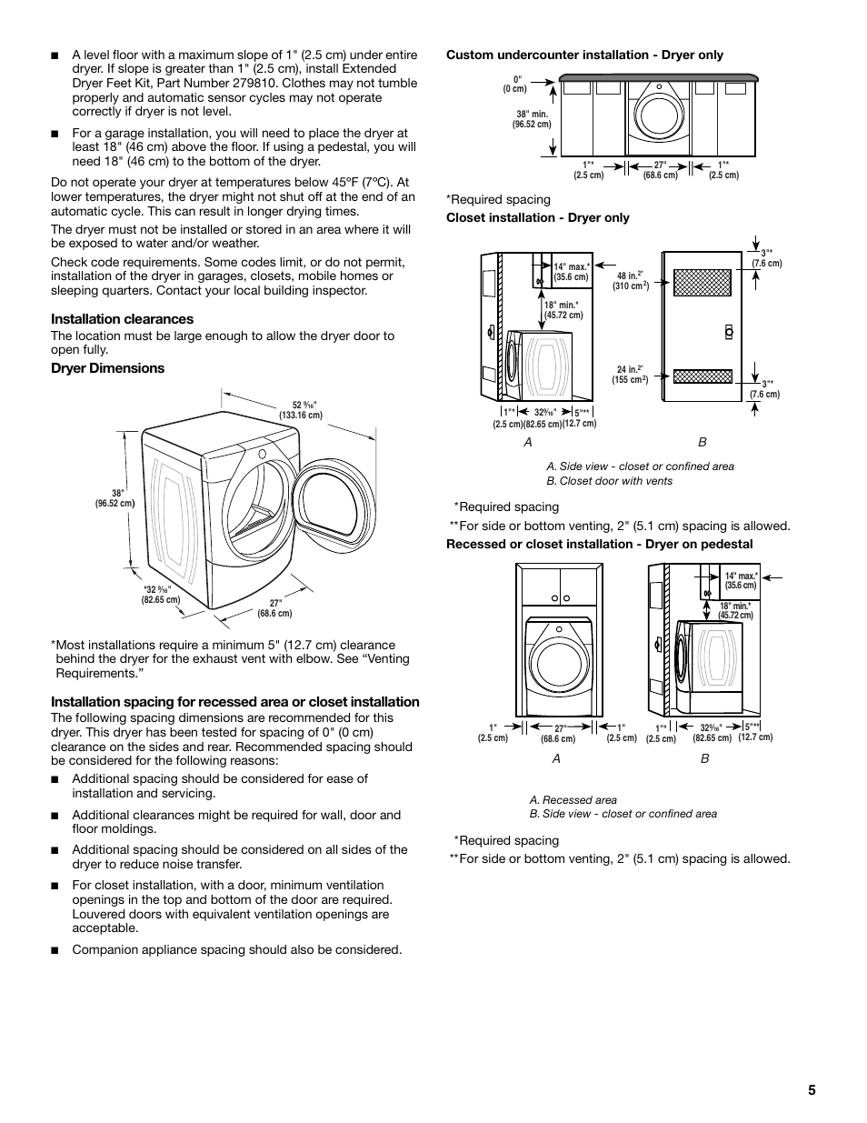 Installation clearances, Dryer dimensions | Whirlpool Duet W10136968C User Manual | Page 5 / 28