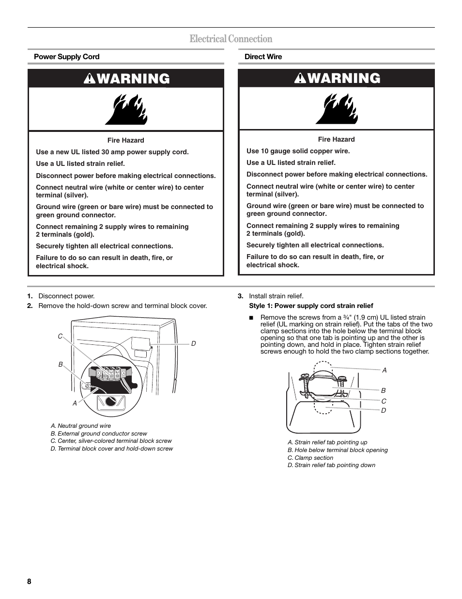 Warning, Electrical connection | Whirlpool Duet W10136968C User Manual | Page 8 / 28