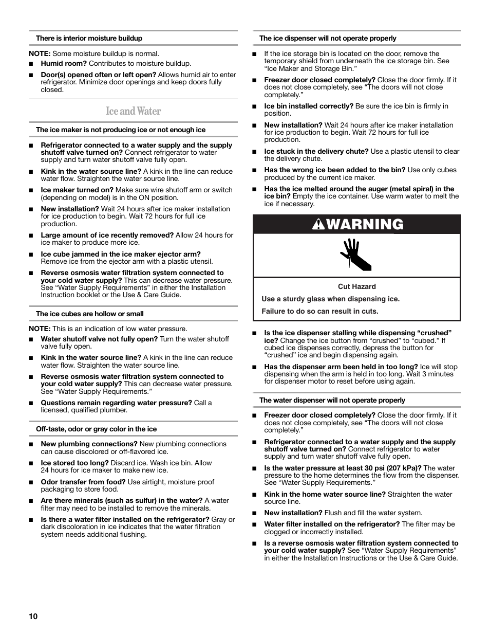 Warning, Ice and water | Whirlpool 2309541B User Manual | Page 10 / 40