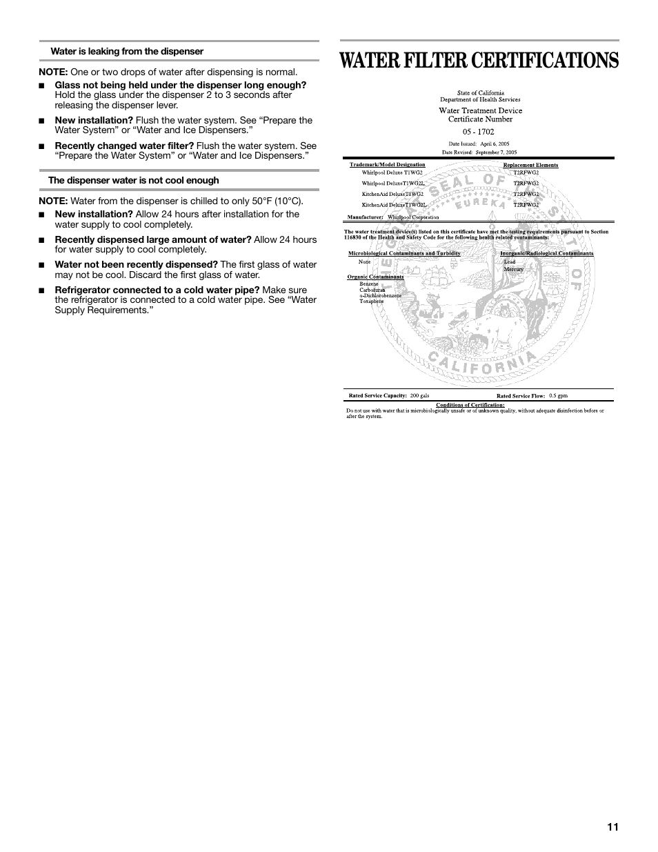 Water filter certifications | Whirlpool 2309541B User Manual | Page 11 / 40