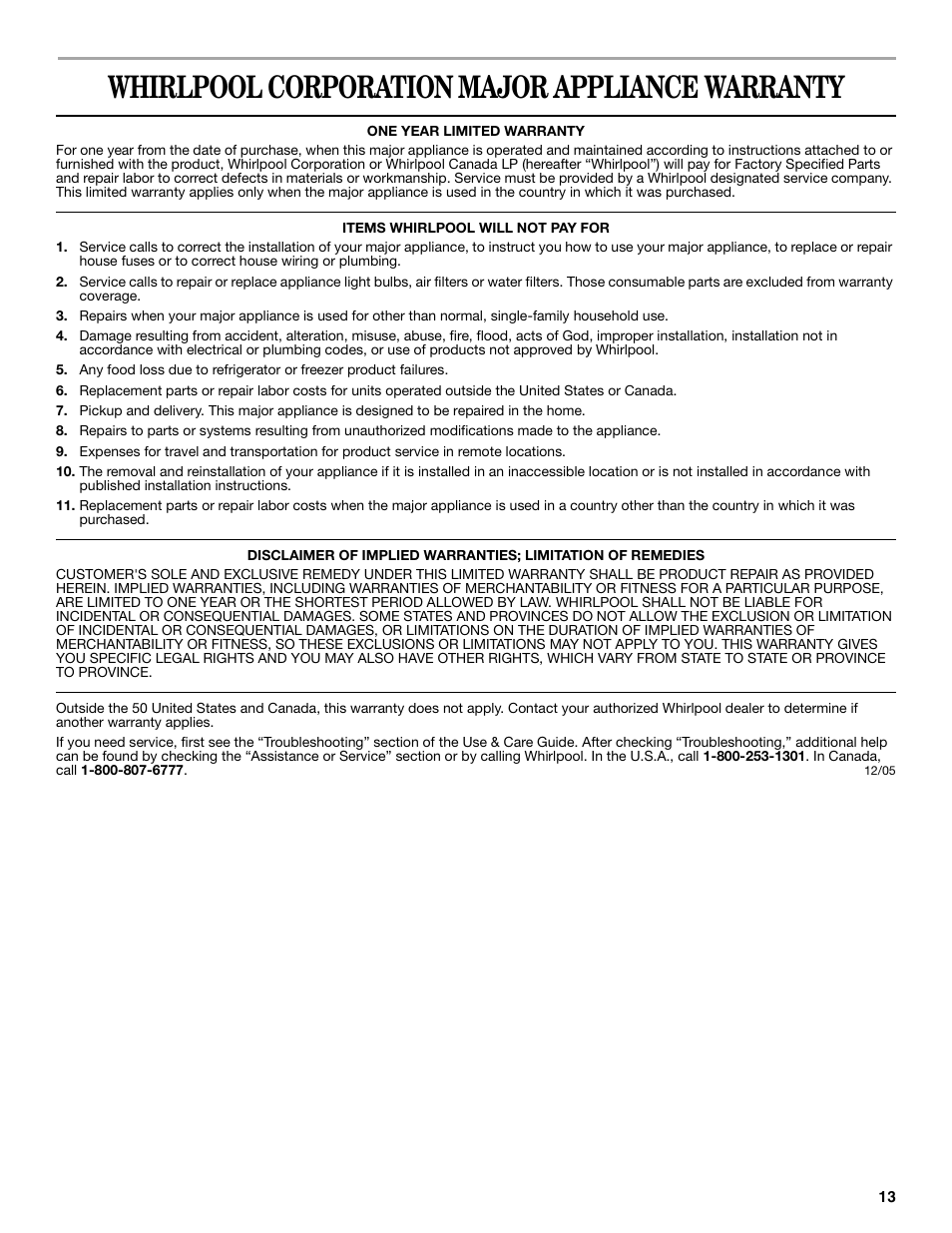 Whirlpool corporation major appliance warranty | Whirlpool 2309541B User Manual | Page 13 / 40