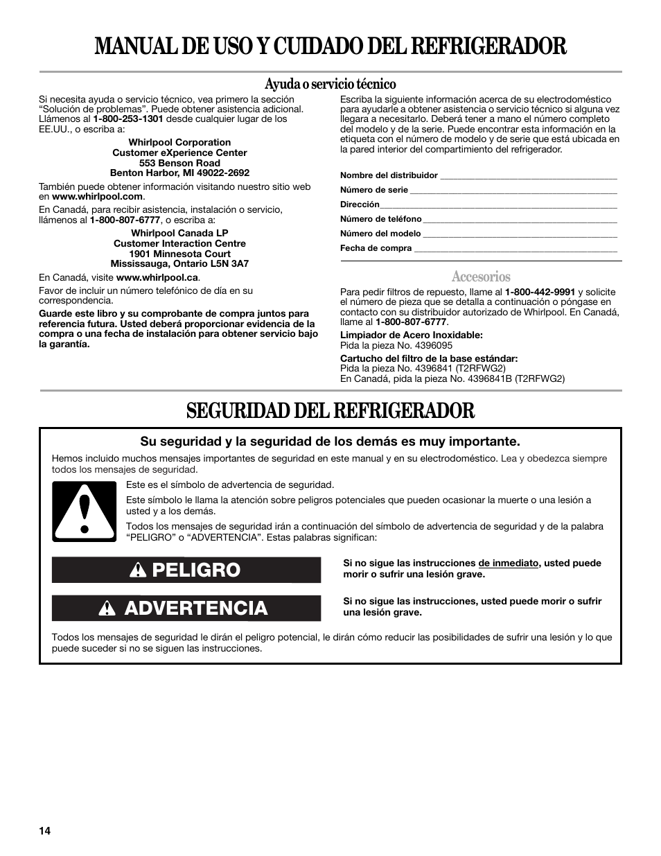 Manual de uso y cuidado del refrigerador, Seguridad del refrigerador, Advertencia peligro | Ayuda o servicio técnico, Accesorios | Whirlpool 2309541B User Manual | Page 14 / 40