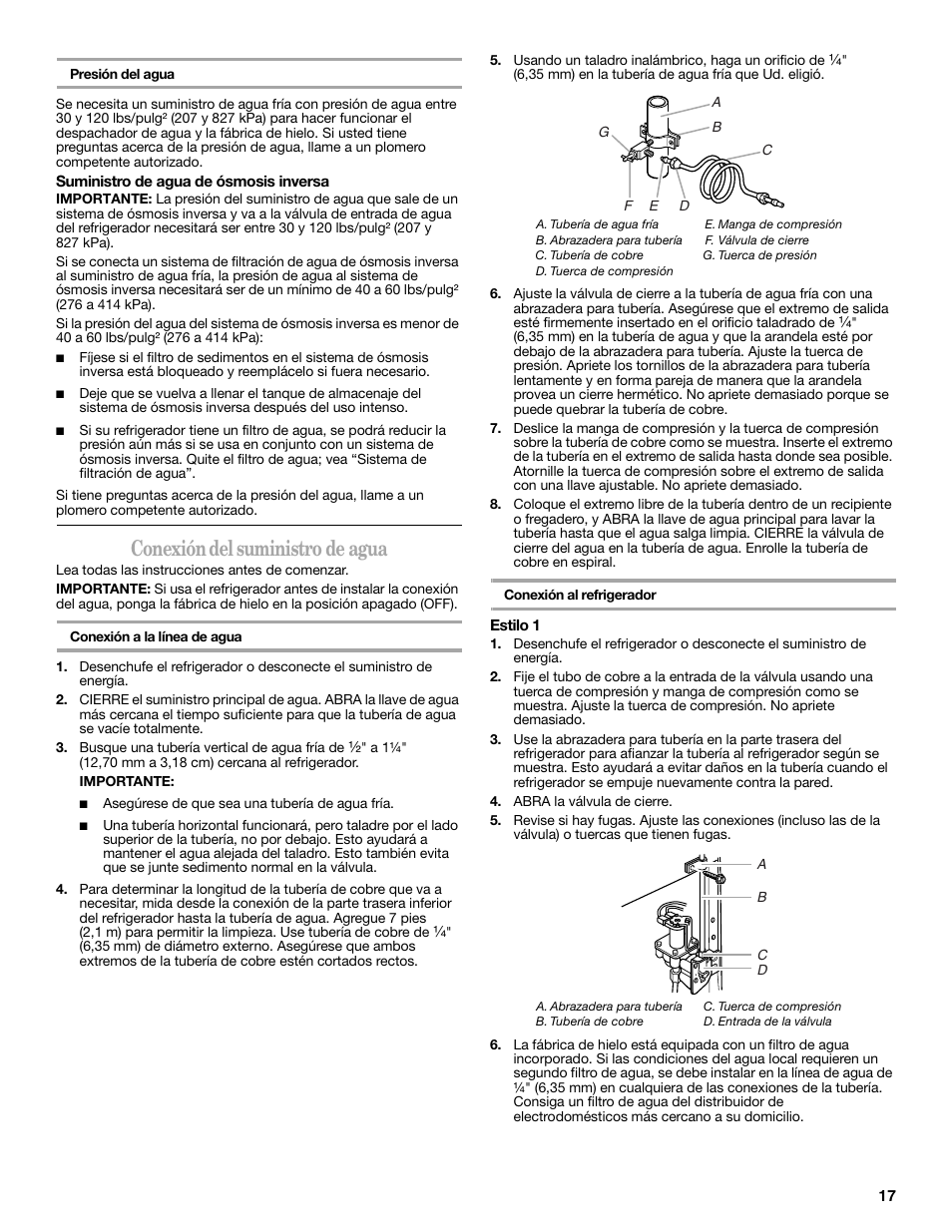 Conexión del suministro de agua | Whirlpool 2309541B User Manual | Page 17 / 40