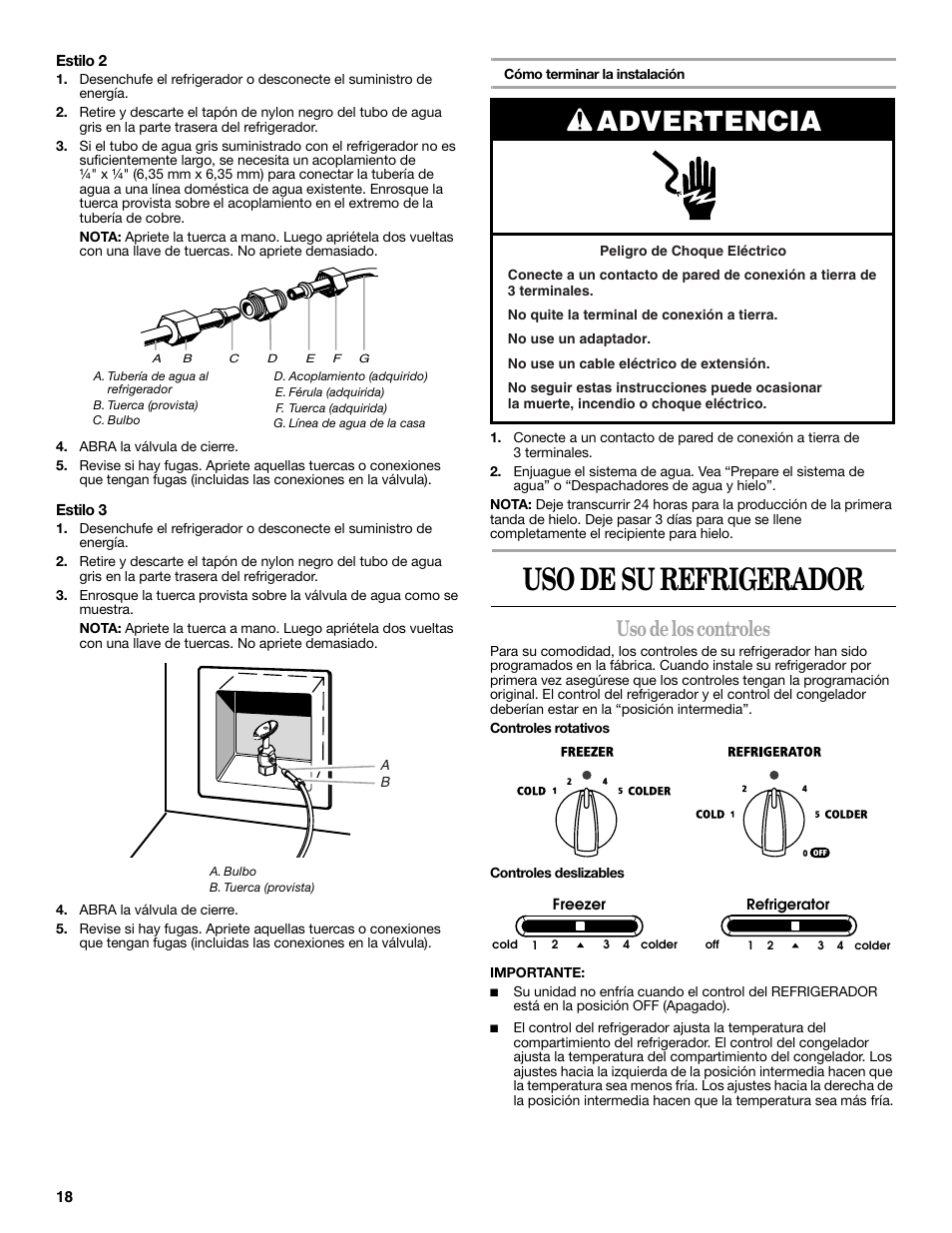 Uso de su refrigerador, Advertencia, Uso de los controles | Whirlpool 2309541B User Manual | Page 18 / 40