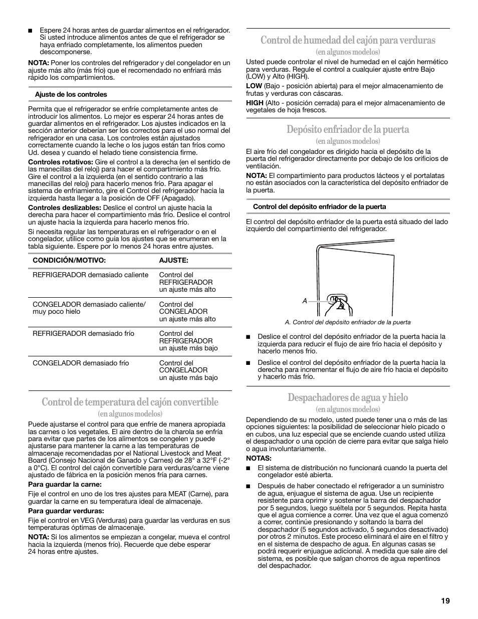 Control de temperatura del cajón convertible, Control de humedad del cajón para verduras, Depósito enfriador de la puerta | Despachadores de agua y hielo | Whirlpool 2309541B User Manual | Page 19 / 40