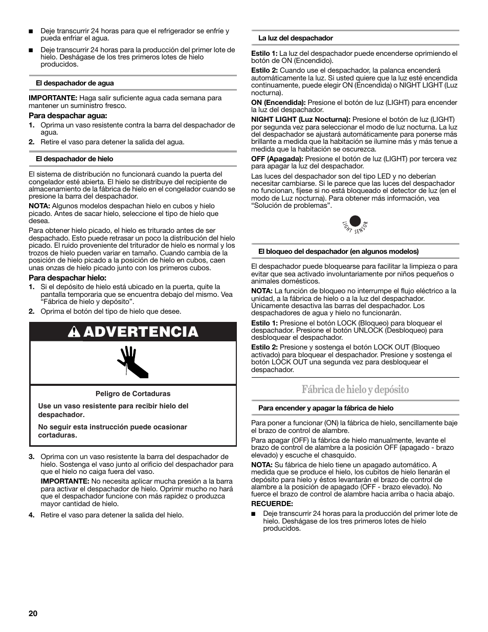 Advertencia, Fábrica de hielo y depósito | Whirlpool 2309541B User Manual | Page 20 / 40