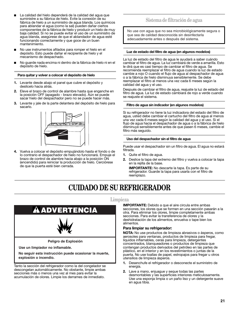 Cuidado de su refrigerador, Advertencia, Sistema de filtración de agua | Limpieza | Whirlpool 2309541B User Manual | Page 21 / 40