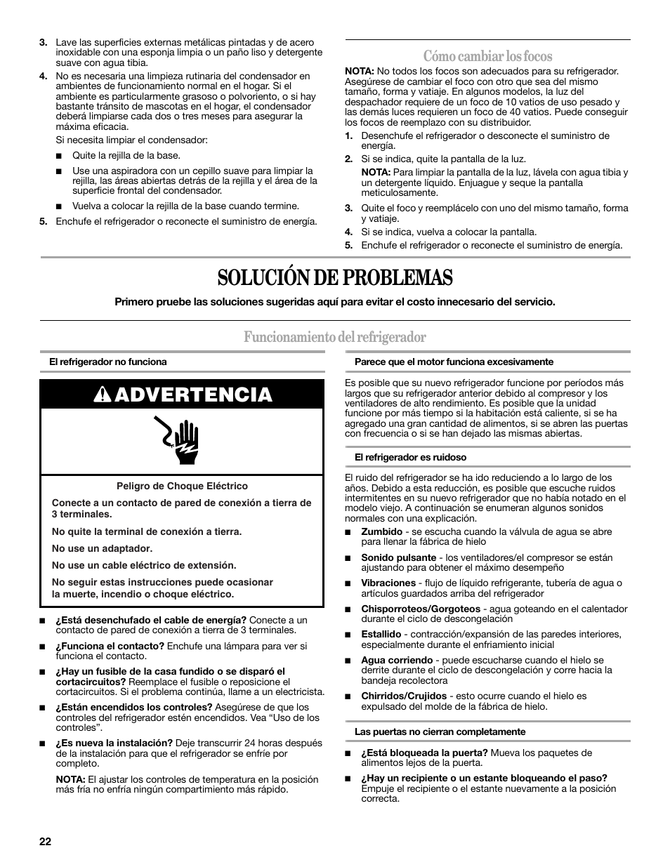 Solución de problemas, Advertencia, Cómo cambiar los focos | Funcionamiento del refrigerador | Whirlpool 2309541B User Manual | Page 22 / 40