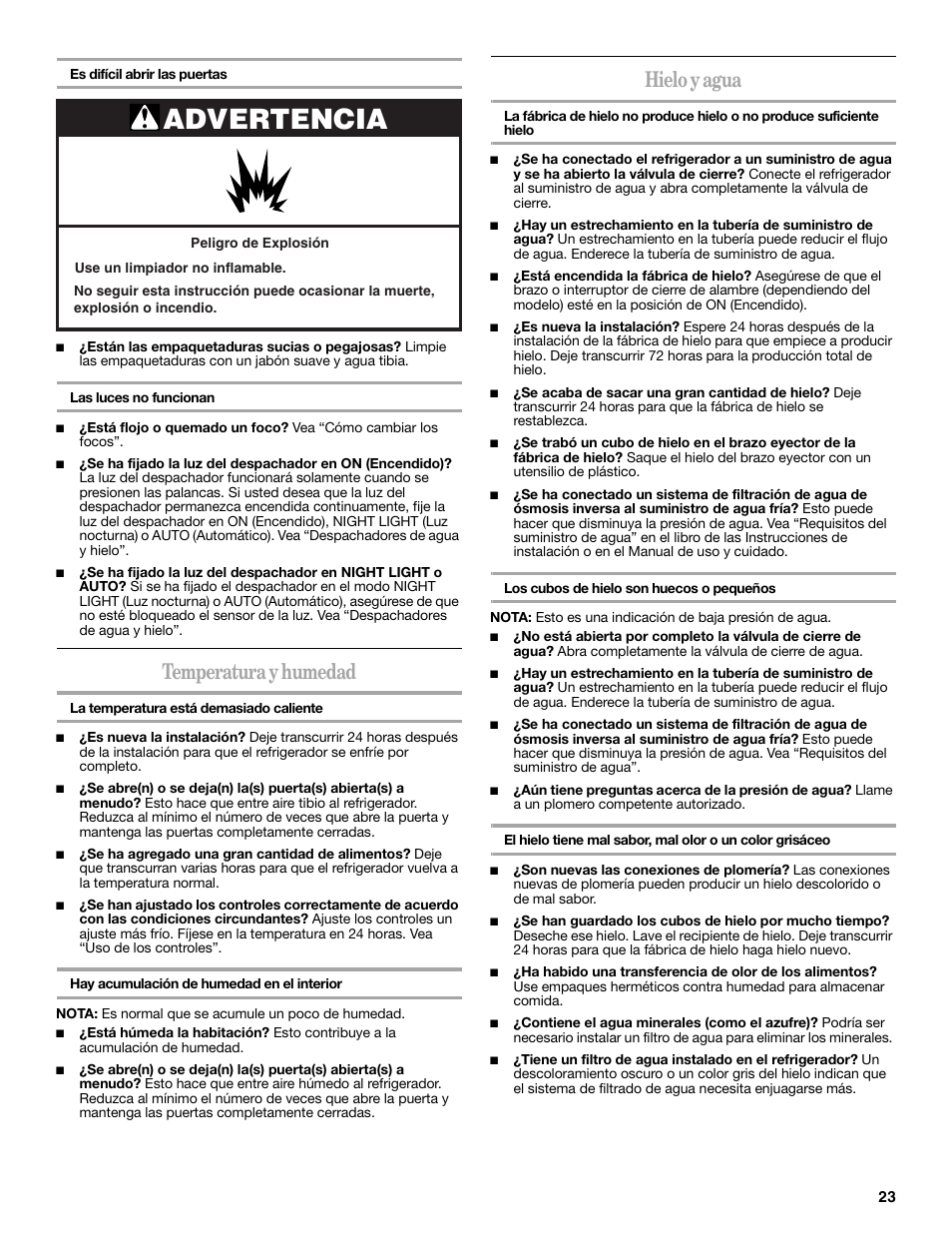 Advertencia, Temperatura y humedad, Hielo y agua | Whirlpool 2309541B User Manual | Page 23 / 40