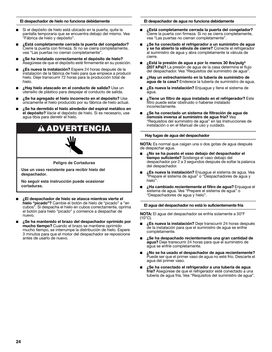 Advertencia | Whirlpool 2309541B User Manual | Page 24 / 40