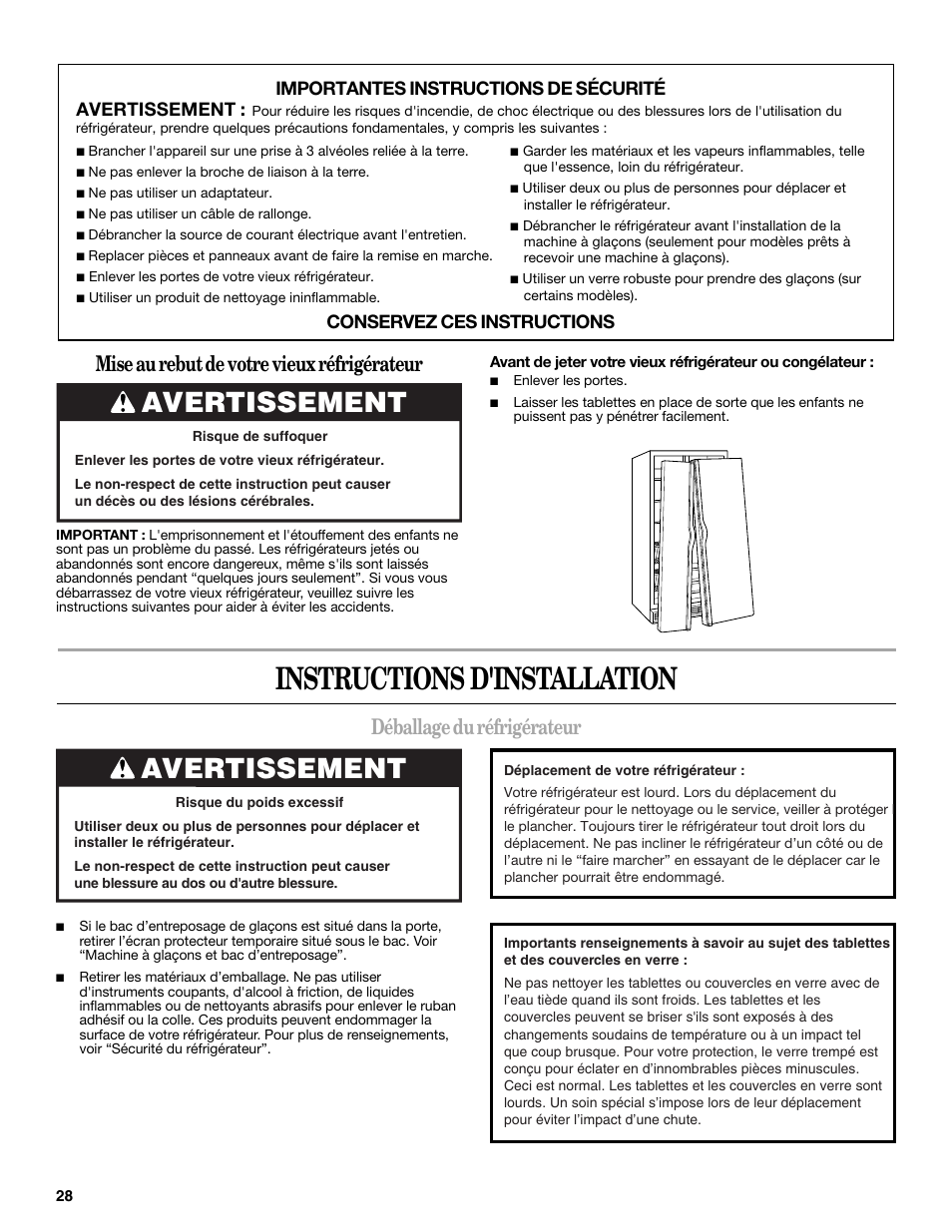 Instructions d'installation, Déballage du réfrigérateur, Mise au rebut de votre vieux réfrigérateur | Avertissement | Whirlpool 2309541B User Manual | Page 28 / 40