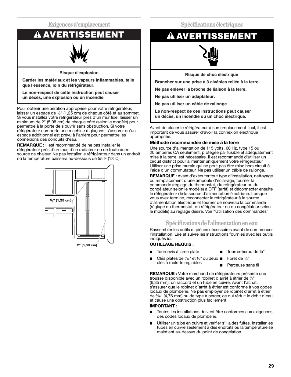 Avertissement, Exigences d'emplacement, Spécifications électriques | Spécifications de l’alimentation en eau | Whirlpool 2309541B User Manual | Page 29 / 40