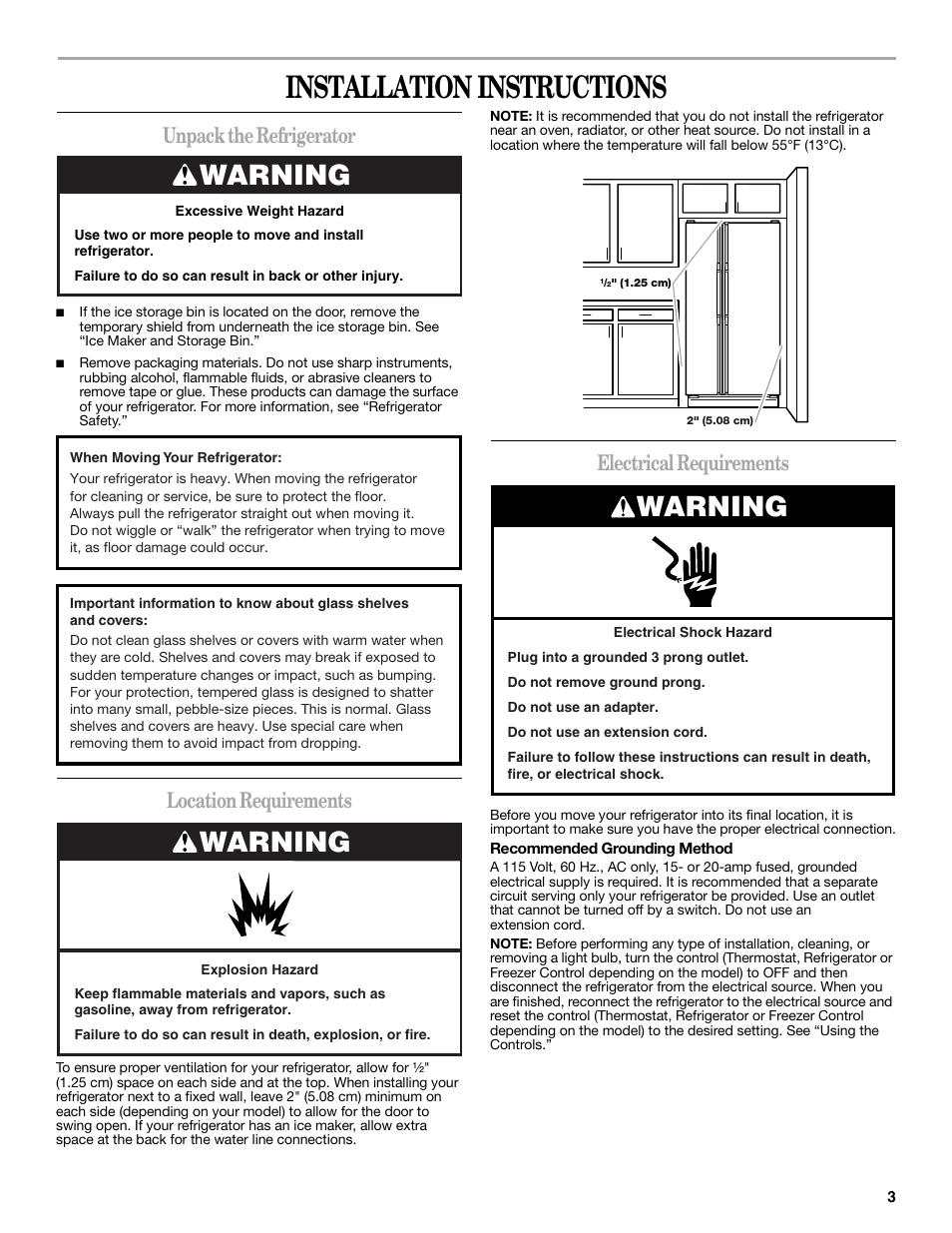 Installation instructions, Warning, Unpack the refrigerator | Location requirements, Electrical requirements | Whirlpool 2309541B User Manual | Page 3 / 40