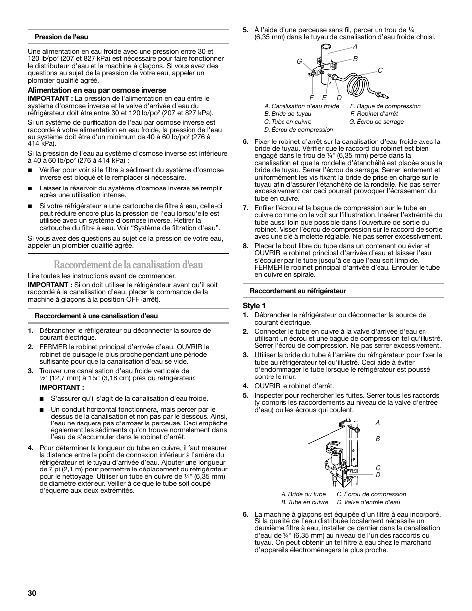 Raccordement de la canalisation d'eau | Whirlpool 2309541B User Manual | Page 30 / 40