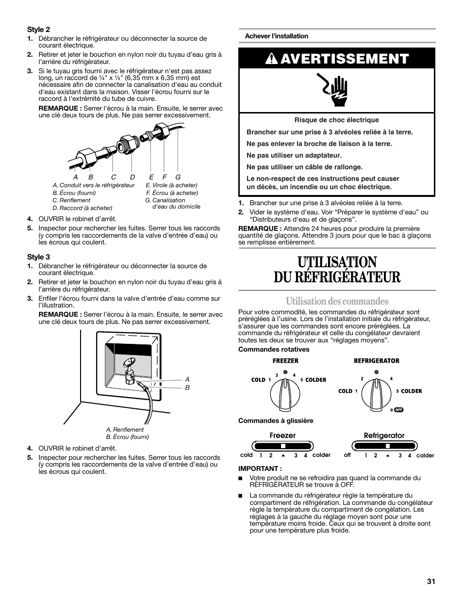 Utilisation du réfrigérateur, Avertissement, Utilisation des commandes | Whirlpool 2309541B User Manual | Page 31 / 40