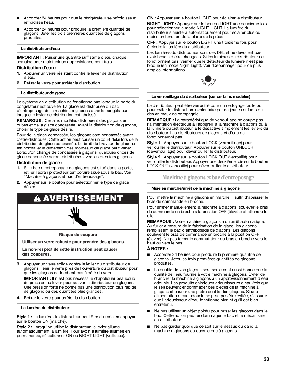 Avertissement, Machine à glaçons et bac d'entreposage | Whirlpool 2309541B User Manual | Page 33 / 40