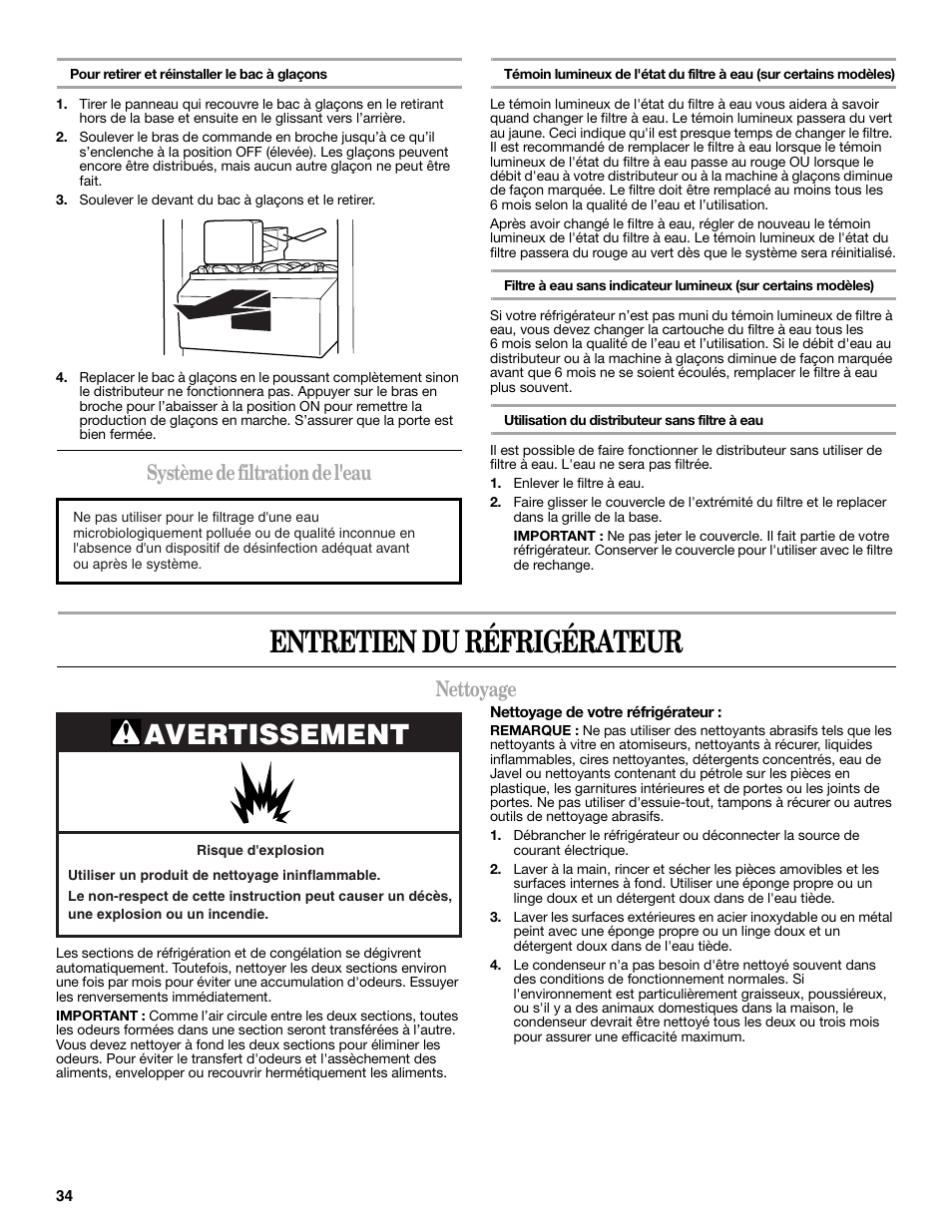 Entretien du réfrigérateur, Avertissement, Système de filtration de l'eau | Nettoyage | Whirlpool 2309541B User Manual | Page 34 / 40