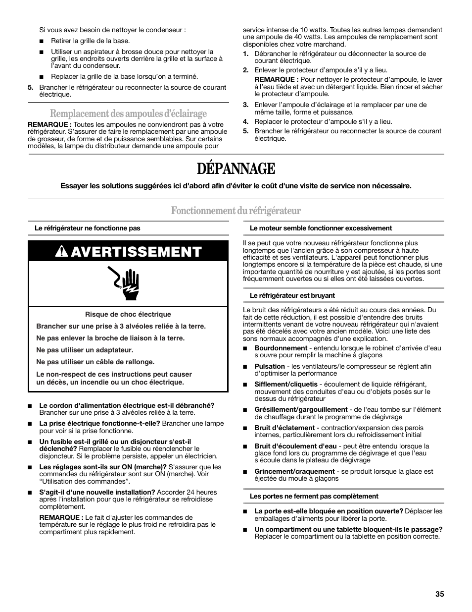 Dépannage, Avertissement, Remplacement des ampoules d’éclairage | Fonctionnement du réfrigérateur | Whirlpool 2309541B User Manual | Page 35 / 40