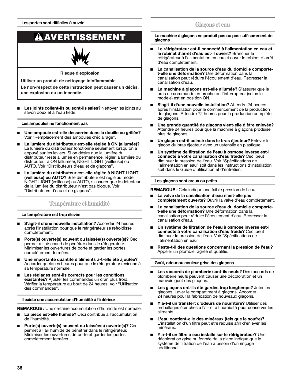 Avertissement, Température et humidité, Glaçons et eau | Whirlpool 2309541B User Manual | Page 36 / 40