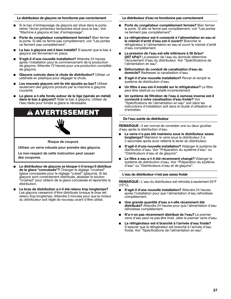 Avertissement | Whirlpool 2309541B User Manual | Page 37 / 40