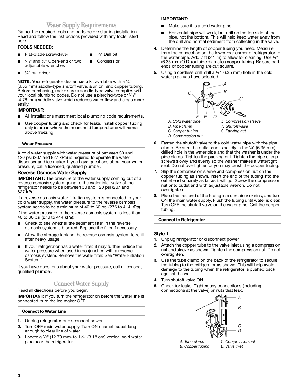 Water supply requirements, Connect water supply | Whirlpool 2309541B User Manual | Page 4 / 40