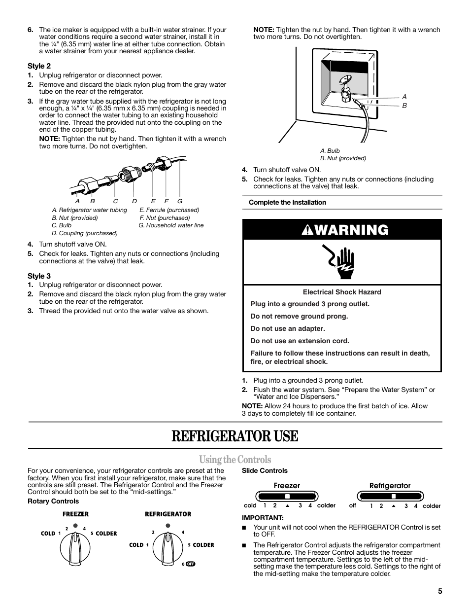 Refrigerator use, Warning, Using the controls | Whirlpool 2309541B User Manual | Page 5 / 40